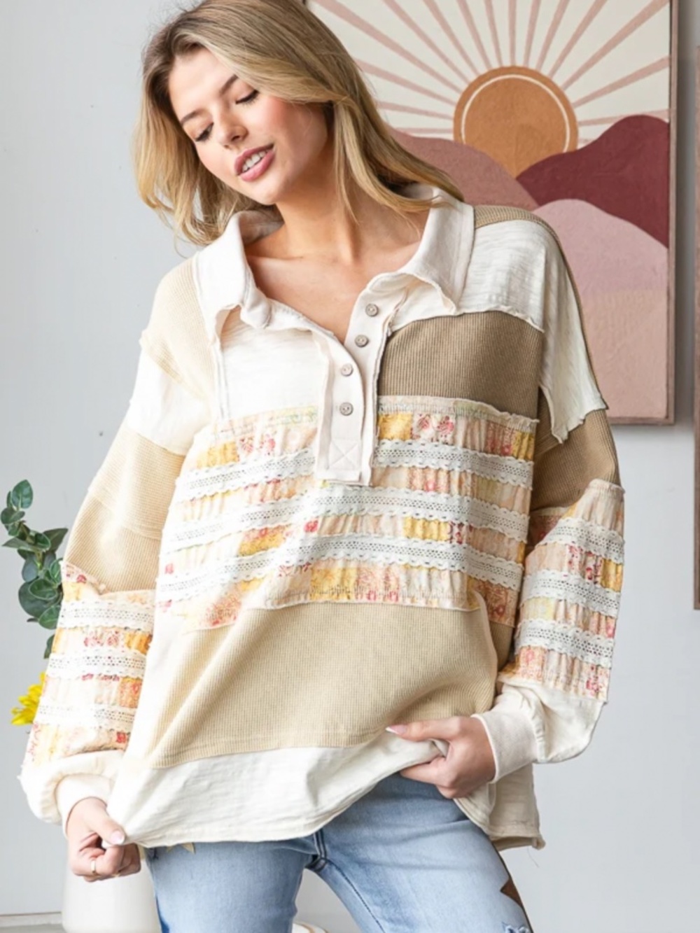 🎉Oli and Hali “ JOAN 2 “ Oli & Hali MIXED FABRIC BUTTON COLLAR TOP - Picture 2 of 6
